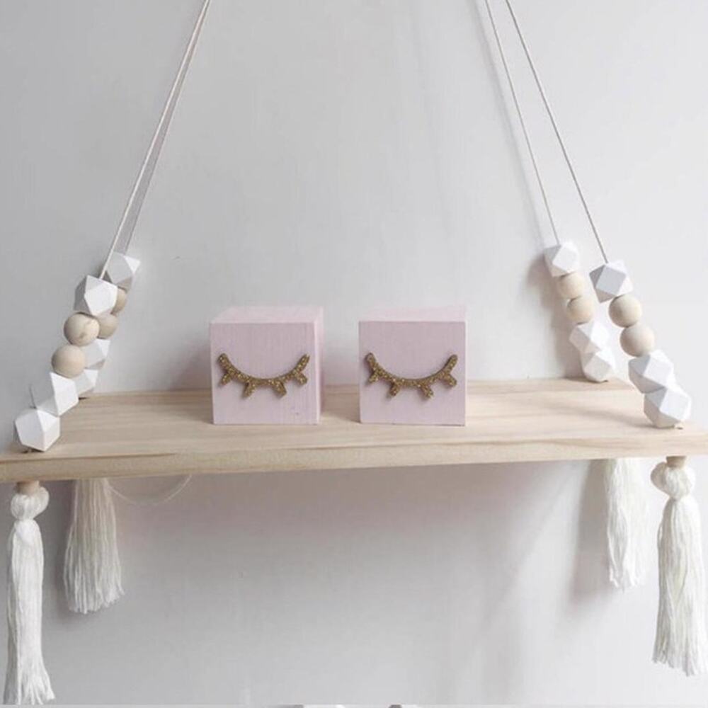 Nordic Wood Hanging Shelf with Beads & Tassels | Floating Wall Storage | New